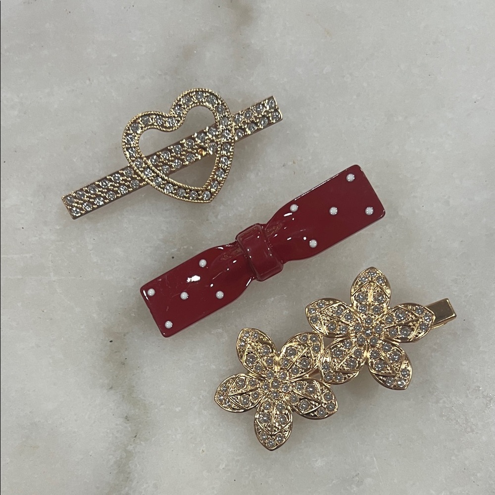 Gold Rhinestone & Red Enamel Hair Clip Set for Women